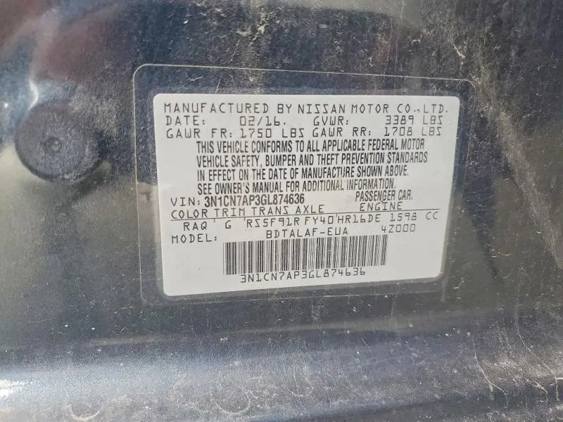 2016 NISSAN VERSA 1.6 S  