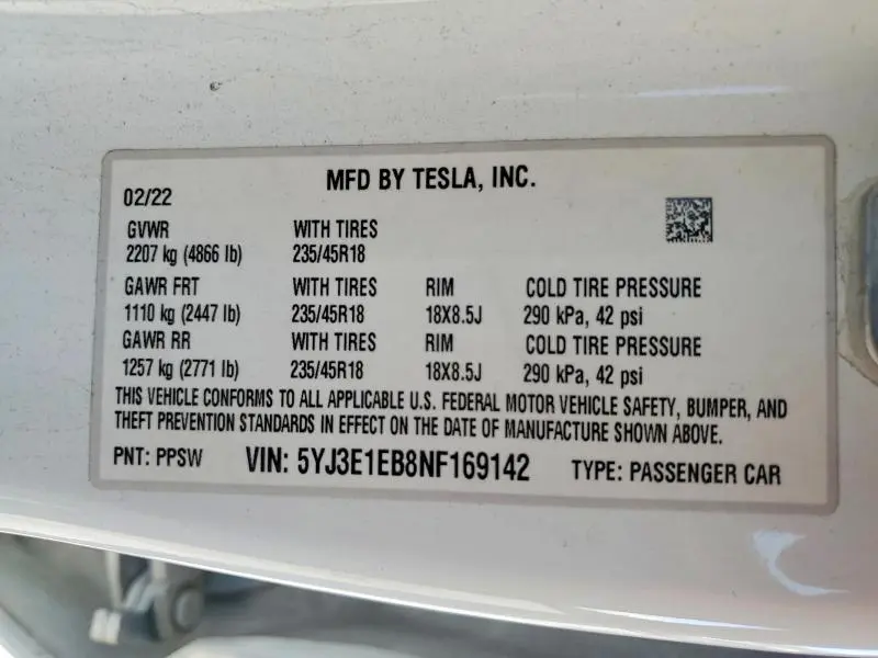 2022 TESLA MODEL 3   