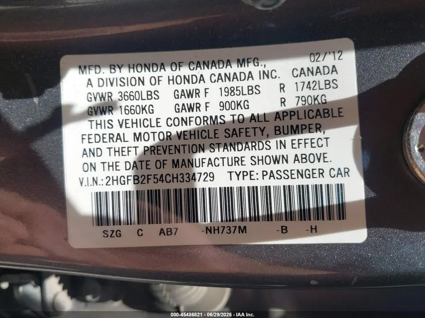 2012 HONDA CIVIC LX
