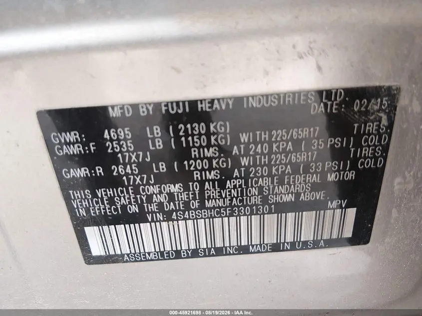 2015 SUBARU OUTBACK 2.5I PREMIUM