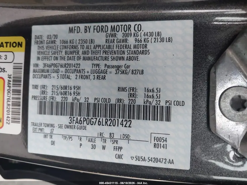 2020 FORD FUSION S