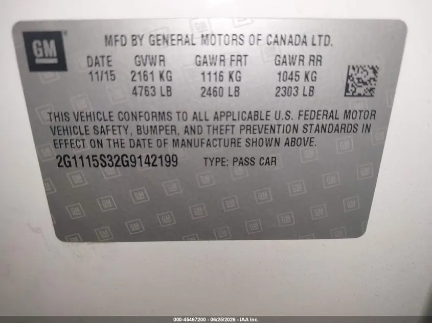 2016 CHEVROLET IMPALA 2LT