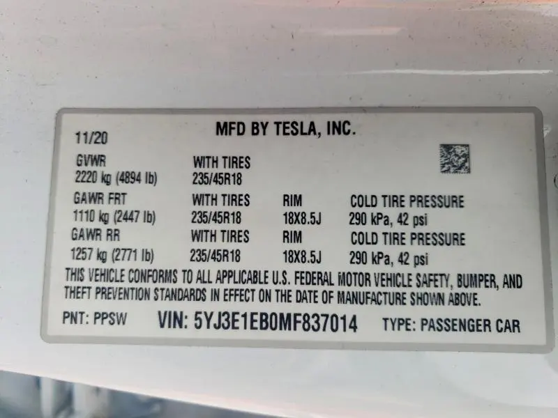 2021 TESLA MODEL 3   