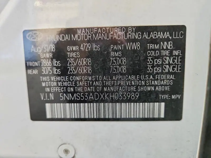 2019 HYUNDAI SANTA FE LIMITED 2.4L  