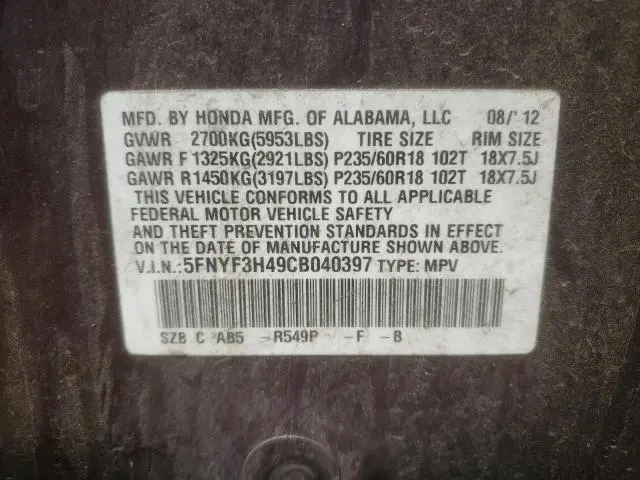 2012 HONDA PILOT EX  