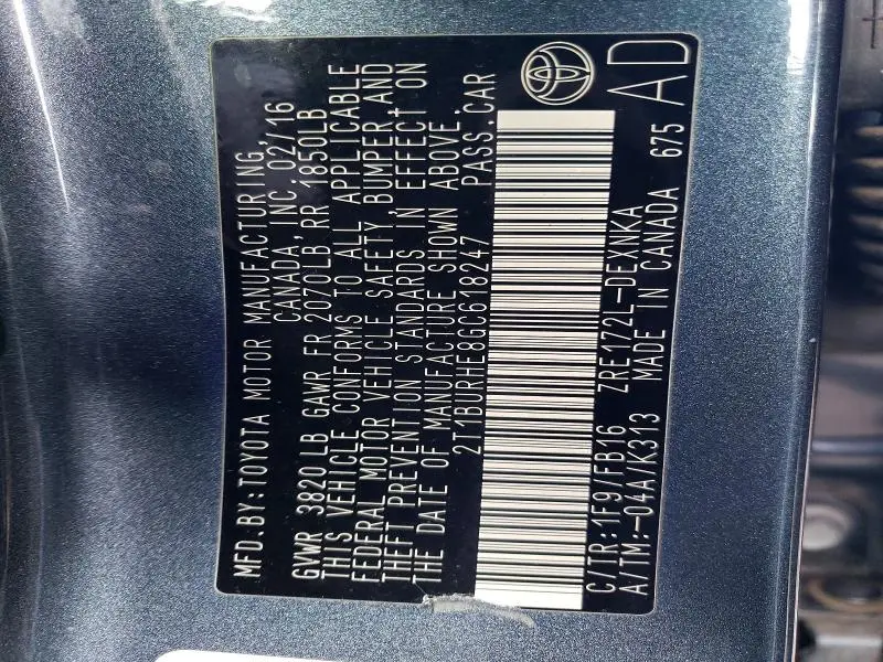 2016 TOYOTA COROLLA LE  