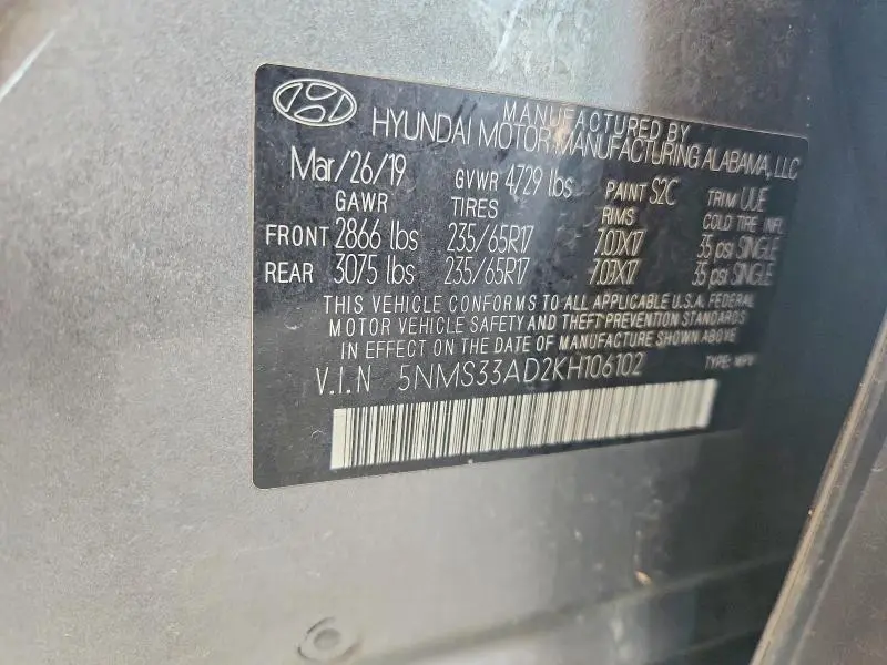 2019 HYUNDAI SANTA FE SEL 2.4L  