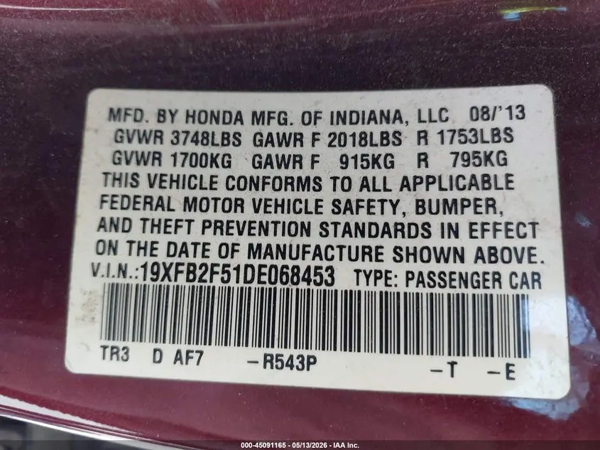 2013 HONDA CIVIC LX