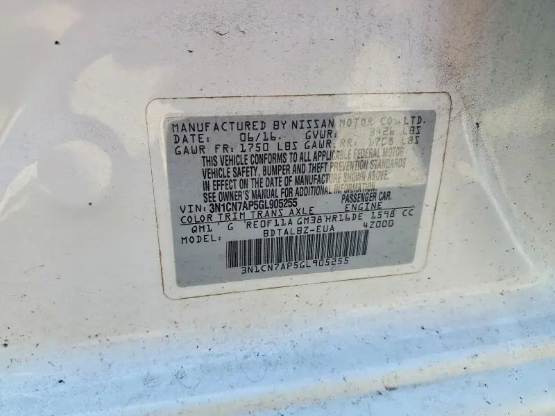 2016 NISSAN VERSA 1.6 SV  