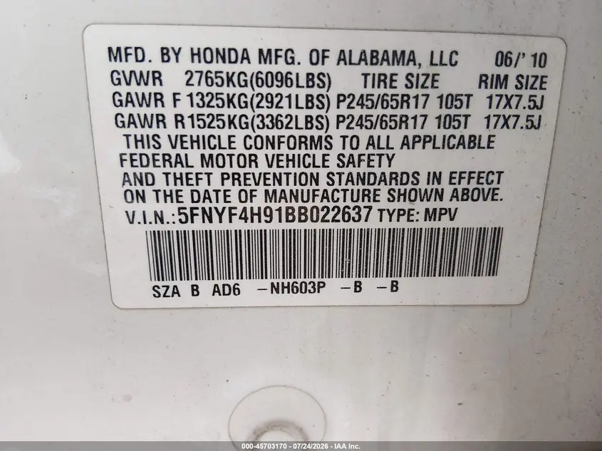 2011 HONDA PILOT TOURING