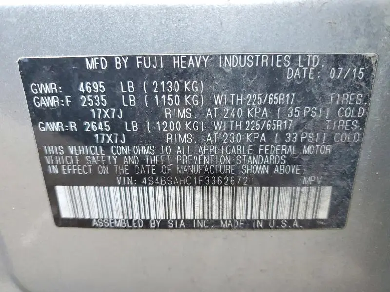 2015 SUBARU OUTBACK 2.5I PREMIUM  