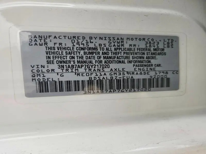 2016 NISSAN SENTRA S  