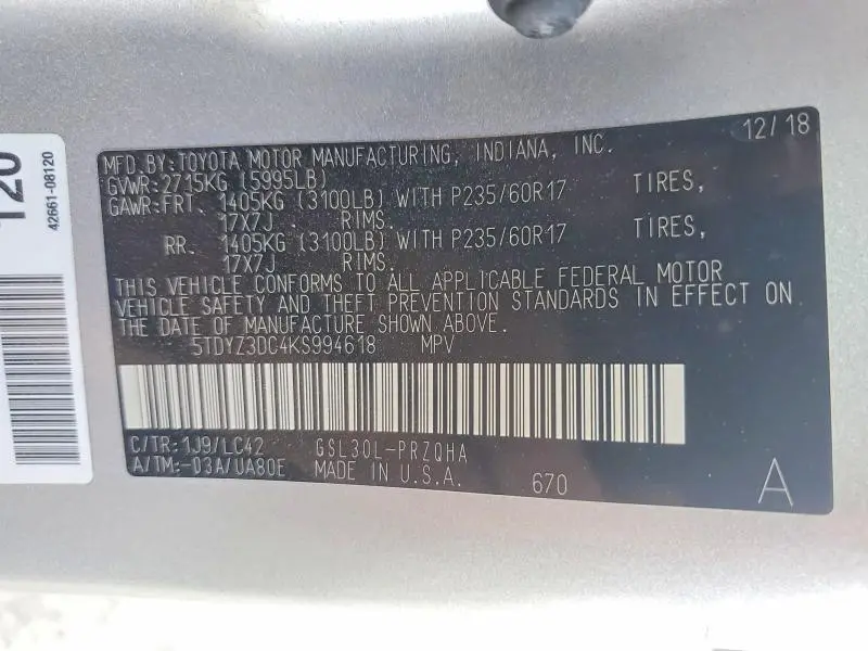 2019 TOYOTA SIENNA XLE 8-PASSENGER  