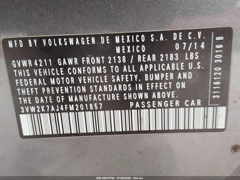 2015 VOLKSWAGEN JETTA 2.0L S