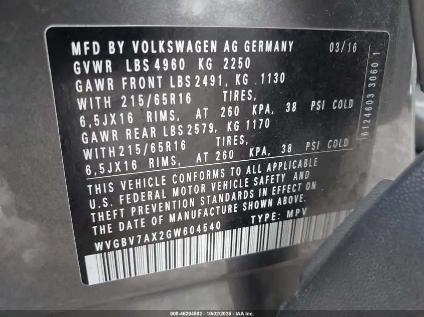 2016 VOLKSWAGEN TIGUAN S