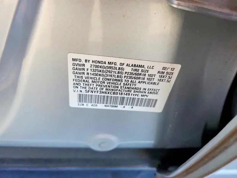 2012 HONDA PILOT EXL  
