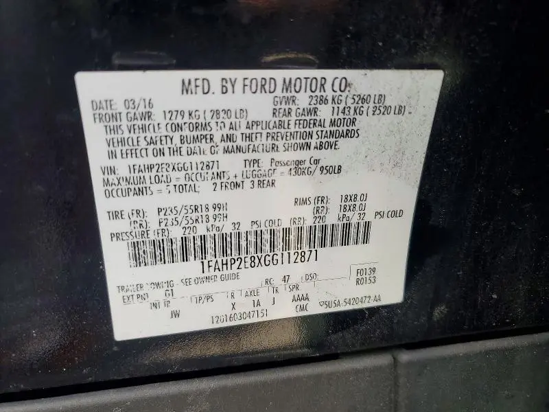 2016 FORD TAURUS SEL  