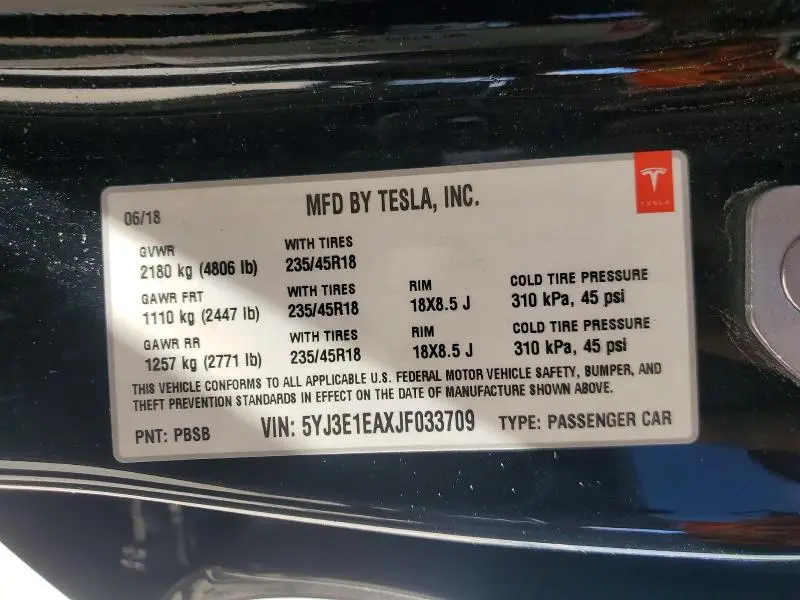 2018 TESLA MODEL 3   