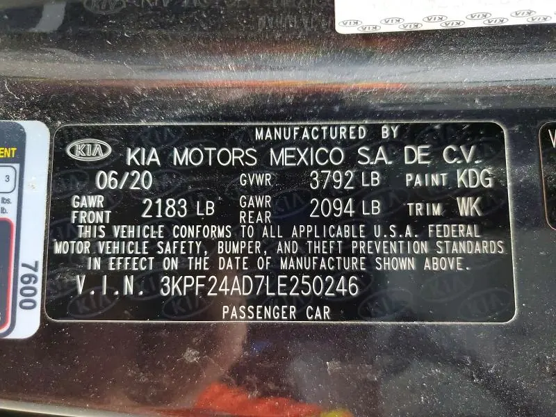 2020 KIA FORTE FE  
