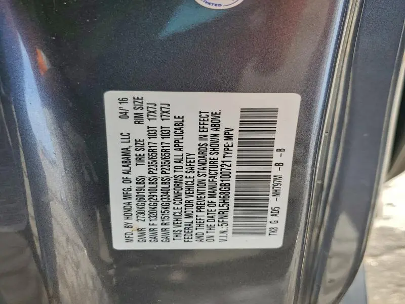 2016 HONDA ODYSSEY EXL  