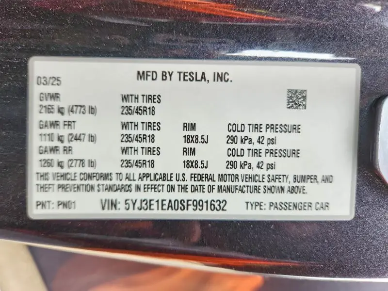 2025 TESLA MODEL 3   