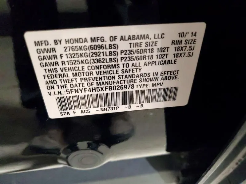 2015 HONDA PILOT EXL  