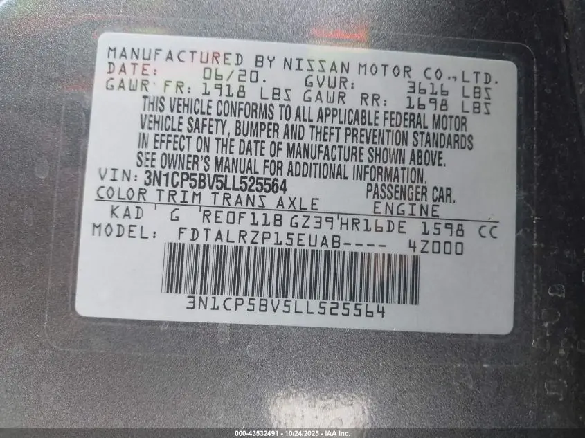 2020 NISSAN KICKS S XTRONIC CVT