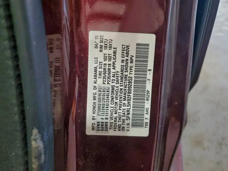 2015 HONDA ODYSSEY TOURING  