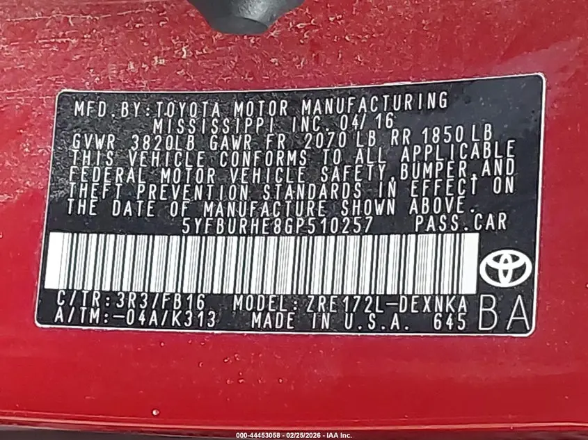 2016 TOYOTA COROLLA LE