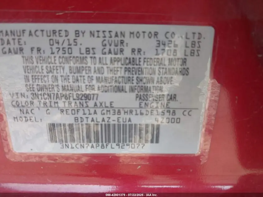 2015 NISSAN VERSA 1.6 S+