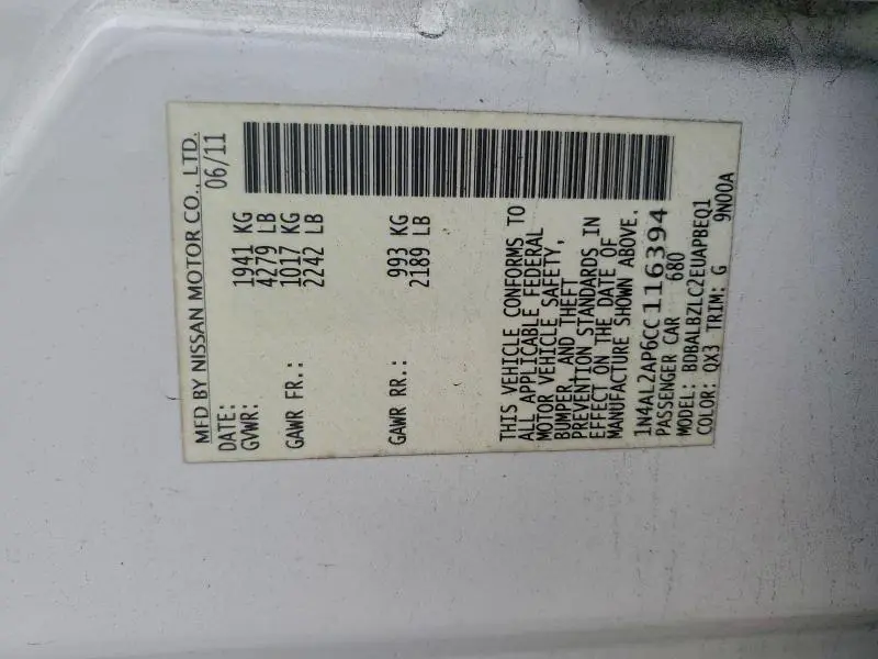 2012 NISSAN ALTIMA BASE  