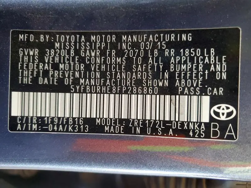 2015 TOYOTA COROLLA LE PLUS  