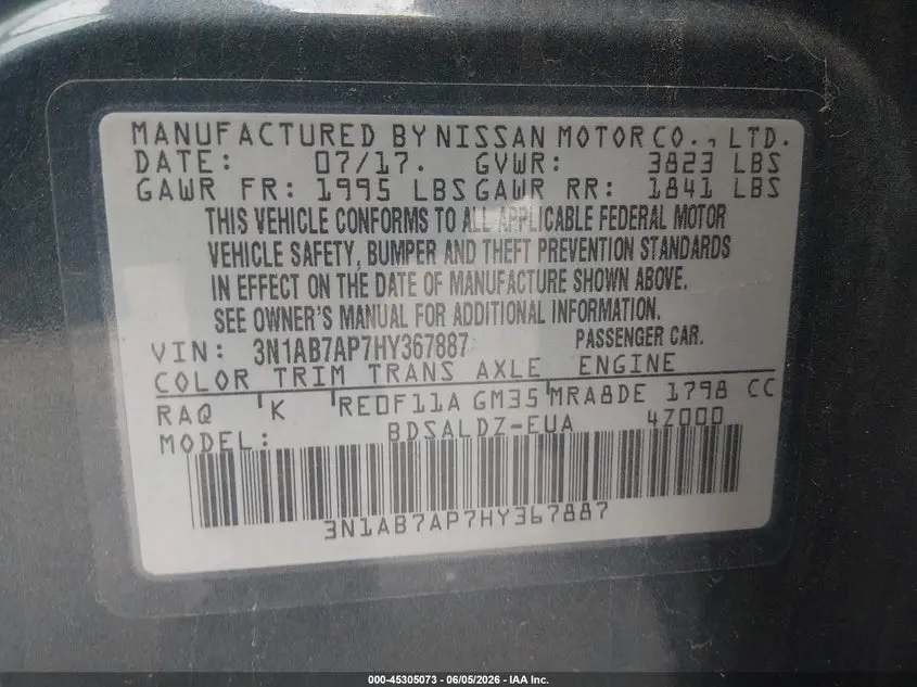 2017 NISSAN SENTRA SV