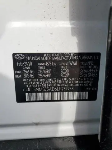 2020 HYUNDAI SANTA FE SE  