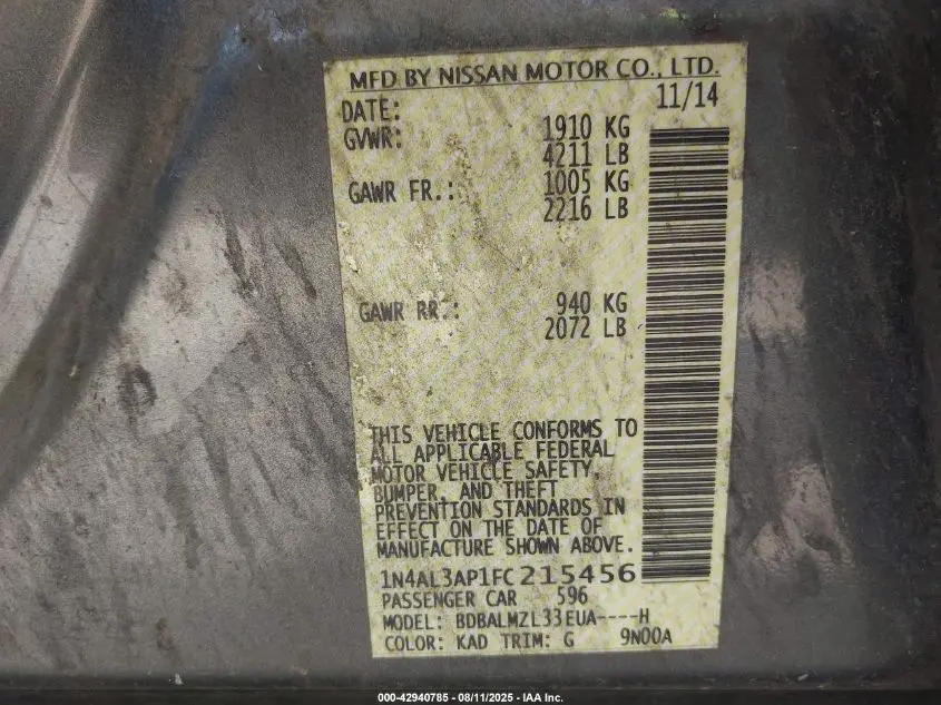 2015 NISSAN ALTIMA 2.5 SV