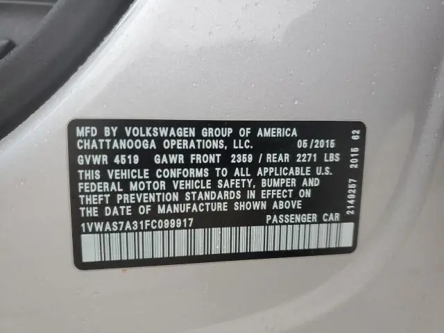 2015 VOLKSWAGEN PASSAT S  