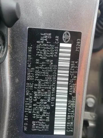 2019 TOYOTA CAMRY L  