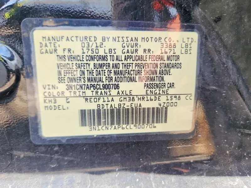 2012 NISSAN VERSA 1.6 S  