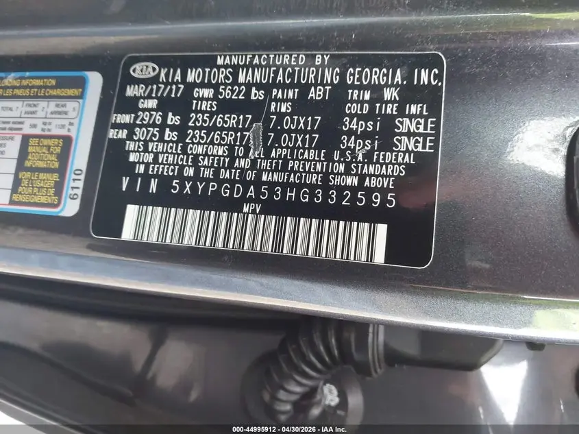 2017 KIA SORENTO 3.3L LX