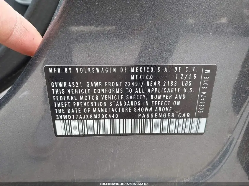 2016 VOLKSWAGEN JETTA 1.8T SPORT