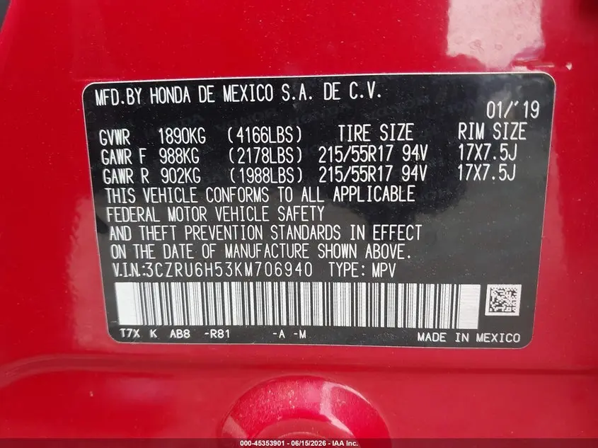 2019 HONDA HR-V EX
