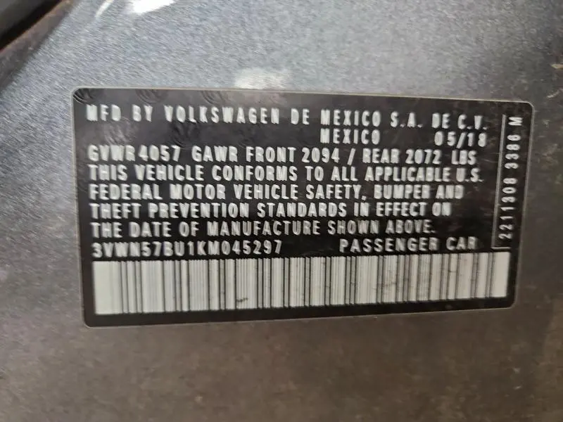 2019 VOLKSWAGEN JETTA S  