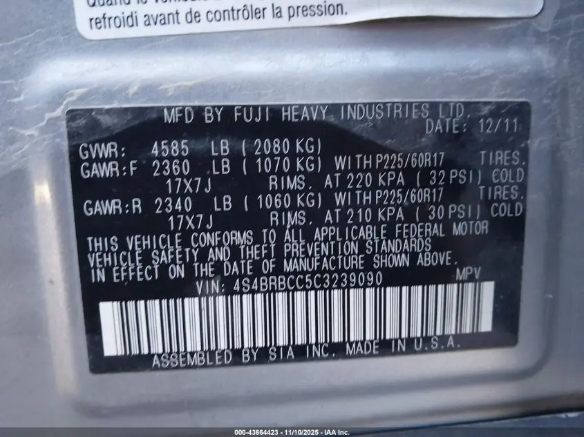 2012 SUBARU OUTBACK 2.5I PREMIUM