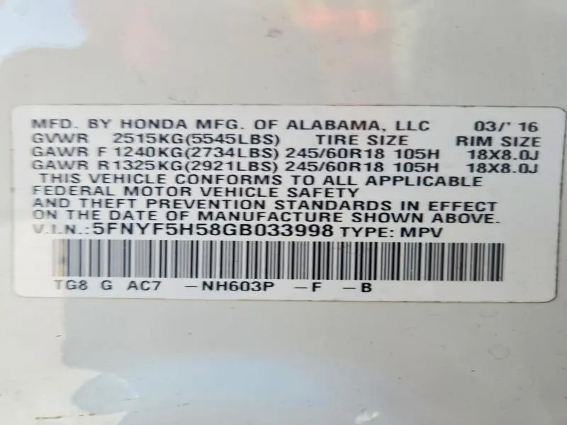 2016 HONDA PILOT EXL  