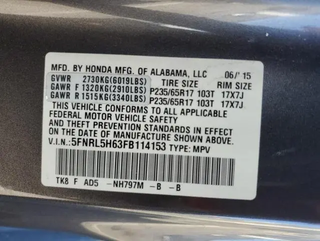 2015 HONDA ODYSSEY EXL  