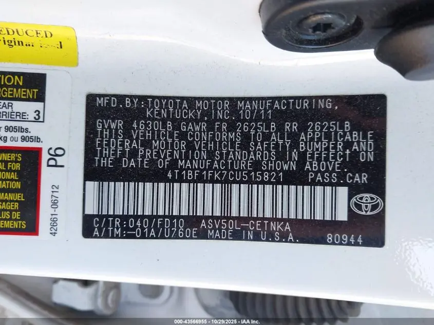 2012 TOYOTA CAMRY LE