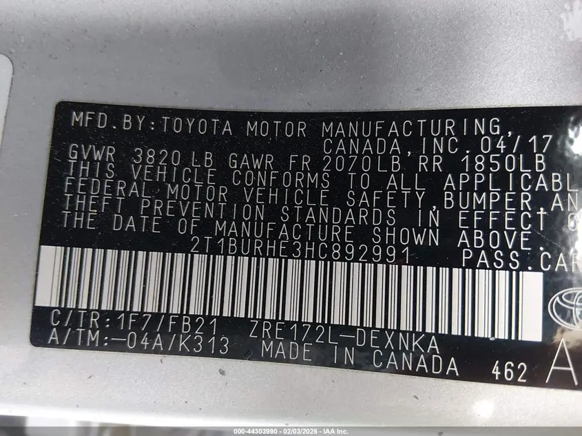 2017 TOYOTA COROLLA LE