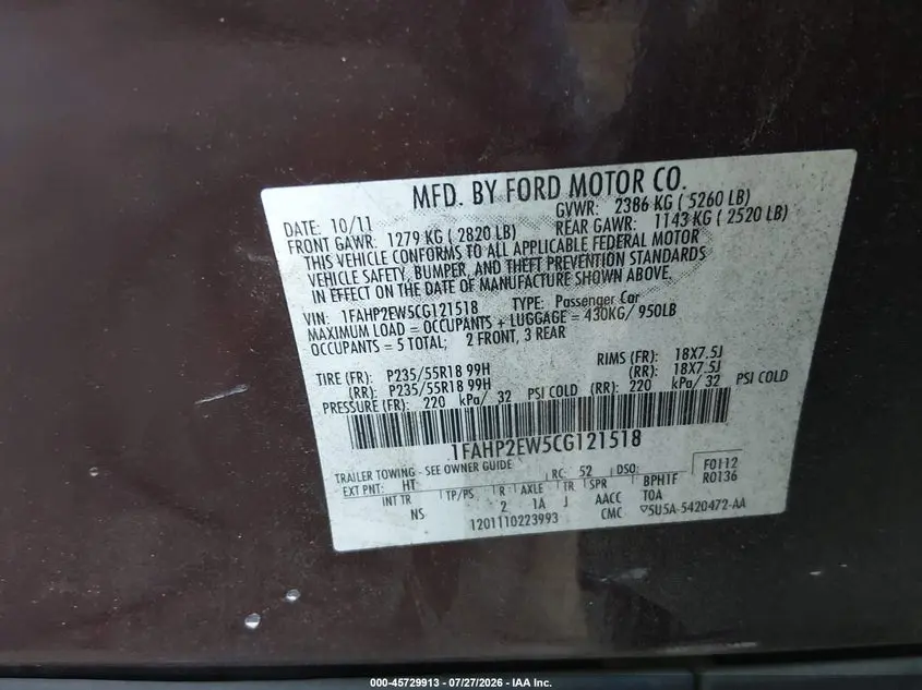 2012 FORD TAURUS SEL