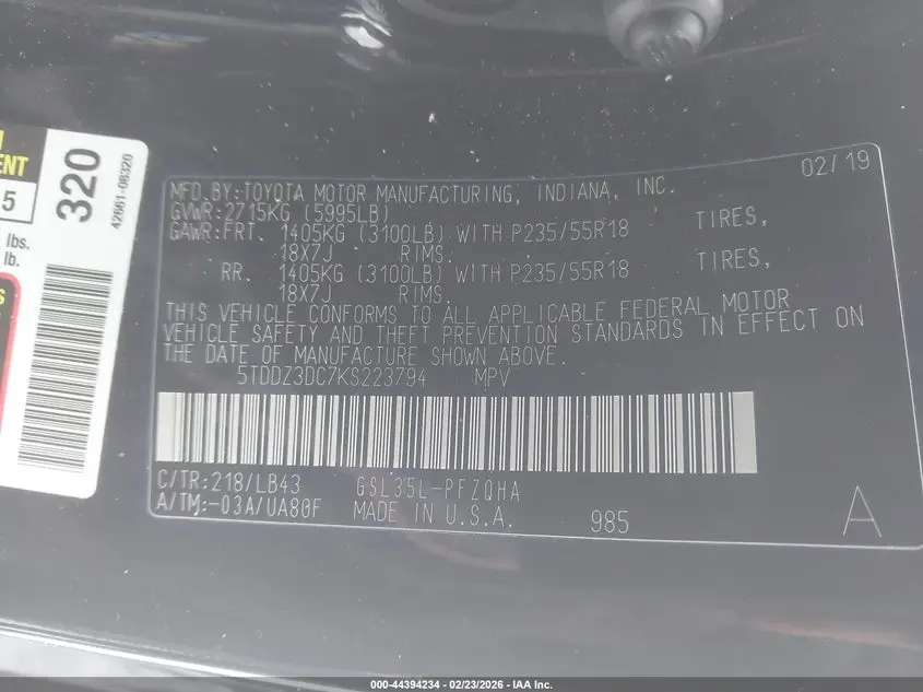 2019 TOYOTA SIENNA LIMITED PREMIUM 7 PASSENGER