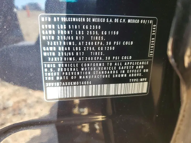 2019 VOLKSWAGEN TIGUAN S  
